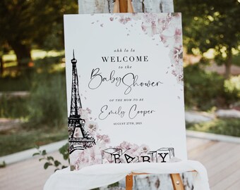 Paris Baby Shower Welcome Sign: Eiffel Tower, Floral (Digital Download)
