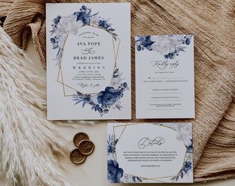 May include: A wedding invitation suite with a blue and white floral design. The invitation features a gold geometric frame with the text "Together with their parents Ava Pope & Brad James Wedding April 14th, 2021 Vence Wedding Title Line 177 Street Name, Dallas, TX  Ryten to puller". The RSVP card features a similar floral design with the text "Kindly reply by [date]" and a checklist for guests to indicate their attendance. The details card features a similar floral design with the text "Details We cannot wait for you to join us on our special day. For your convenience, we have reserved accommodations at [hotel name].  Many hotels please visit our website for further event travel and hotel information. www.thegroves.com".