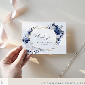 Tarjeta de agradecimiento de boda azul polvoriento, Tarjeta de agradecimiento editable, Plantilla de tarjeta de agradecimiento de boda #1221-14