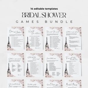 Bundle de jeux de douche nuptiale parisienne : Cartes imprimables chics, Modèle de jeux de douche de mariage modifiable, Jeux de douche nuptiale #0221-4