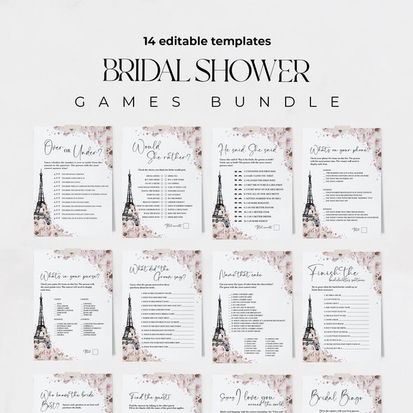 Parisian bridal shower games bundle: Chic printable cards, Editable wedding shower games template, Bridal shower games #0221-4