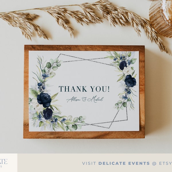 Thank you card template, Blue navy card, Blue navy flowers wedding template, Floral thank you card, Thank you template #W06-11