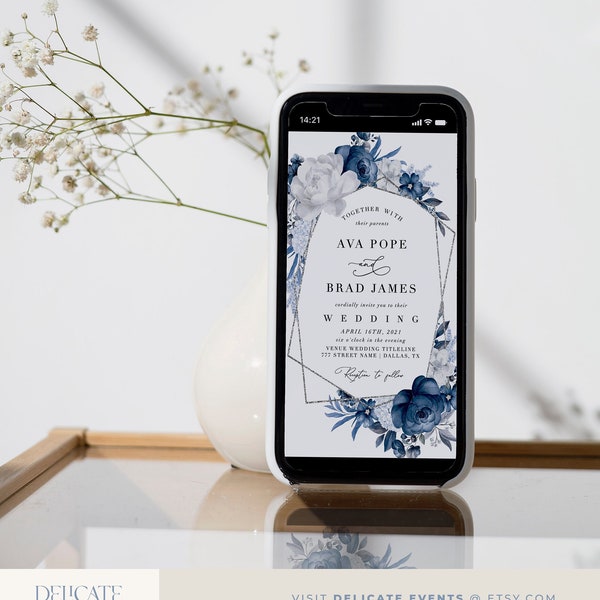 Silver dusty blue wedding Evite template, Editable mobile E-invite, Mobile invitation, Digital file ONLY Electronic wedding invite #1221S-18