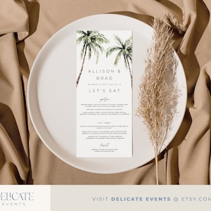 Palmenhochzeit - Hochzeitsmenü Vorlage, Minimalistisches tropisches Menü für die Strandhochzeit, Menükarte für die Strandhochzeit #W08-5