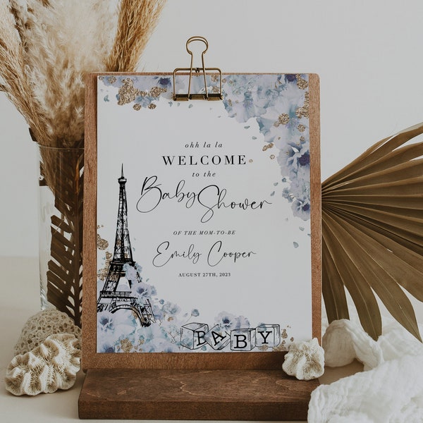 Boy baby shower Paris welcome sign, Paris theme baby shower sign, Parisian baby shower welcome sign template, French themed shower #0221-21