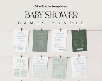 Sage green baby shower games bundle, 100% EDITABLE boho minimalist shower games, Gender neutral baby shower games #W130-11