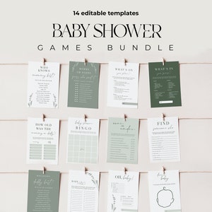 Sage green baby shower games bundle, 100% EDITABLE boho minimalist shower games, Gender neutral baby shower games #W130-11