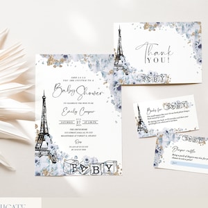 Paris Junge Babypartyeinladungsvorlage, Blau und Gold Pariser Babypartyeinladung, französische Babypartyeinladungsbündel #0221-22