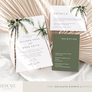 Palm tree wedding invitation template, Minimal tropical wedding invitation suite, Beach wedding invitation set, Destination wedding #W08-1