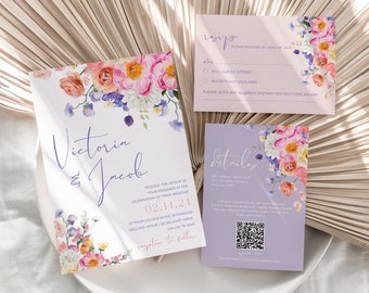 Spring floral wedding invitation set, Garden wedding suite, Bright floral wedding invite, Colorful floral wedding invite template set #W18-1