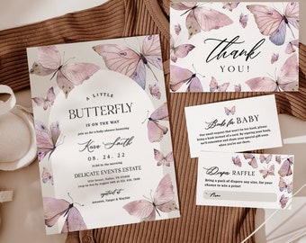 May include: A baby shower invitation featuring a watercolour butterfly design. The invitation is for a baby shower honouring Kara Smith on 24th August 2022 at 10:00 am. The invitation includes the text "A Little Butterfly is on the Way".