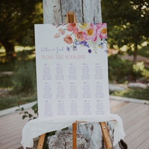 Lente bloemen bruiloft zitplaatsen grafiek, bewerkbare tuin bruiloft zitplaatsen poster, heldere kleurrijke bloemen bruiloft zitplaatsen grafiek sjabloon #W18-5