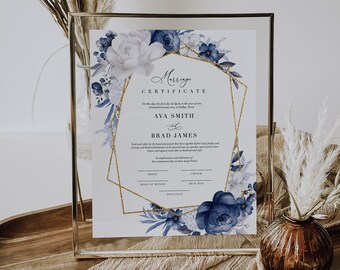 Dusty Blue Floral Marriage Certificate Template (DIY)