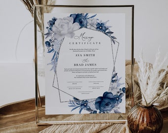 Dusty Blue Floral Marriage Certificate Template (DIY)