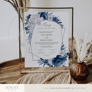 Plantilla de certificado de matrimonio azul polvoriento plateado, plantilla de boda DIY, certificado de boda personalizado DIY #1221S-22