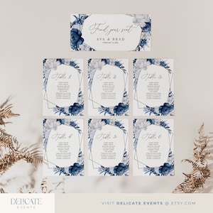 Modello di tabella dei posti a sedere per matrimonio blu polvere argento, Tabella dei posti a sedere per matrimonio blu argento, Posti a sedere al tavolo principale, Cartellini per tavolo matrimonio #1221S-12