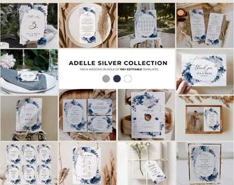 Silver Dusty Blue Floral Wedding Invitation Set (Digital Download)