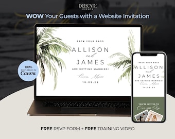 Tropical Wedding Website Template: Palm Tree Digital Invitation (Canva Editable, Google Forms RSVP) #W08-11