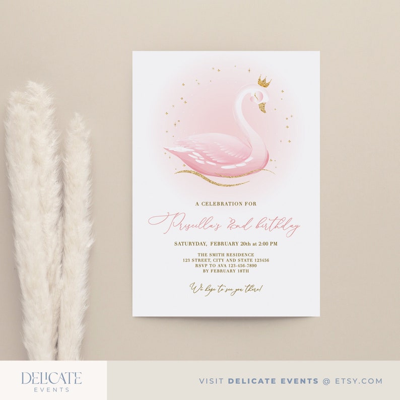 Swan birthday invitation, Girl birthday swan princess, Pink gold girls invitations, Pink birthday instant download editable template image 3