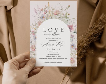 Plantilla de invitación de despedida de soltera de amor en flor, invitación de flores silvestres, invitación floral de arco de amor en flor #W15B-7