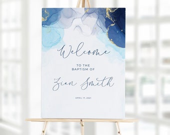 Blue gold baptism welcome sign template, Editable watercolor baptism decorations, Welcome Christening poster, Instant download #1021-3