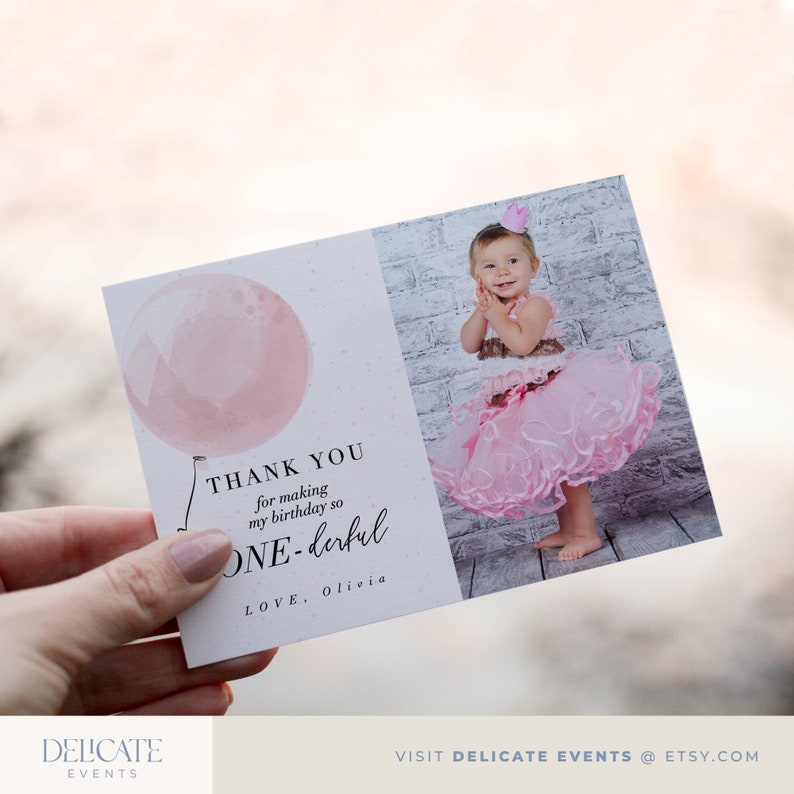 Girl 1st Birthday Balloon Photo Thank You Card 1st Birthday Etsy