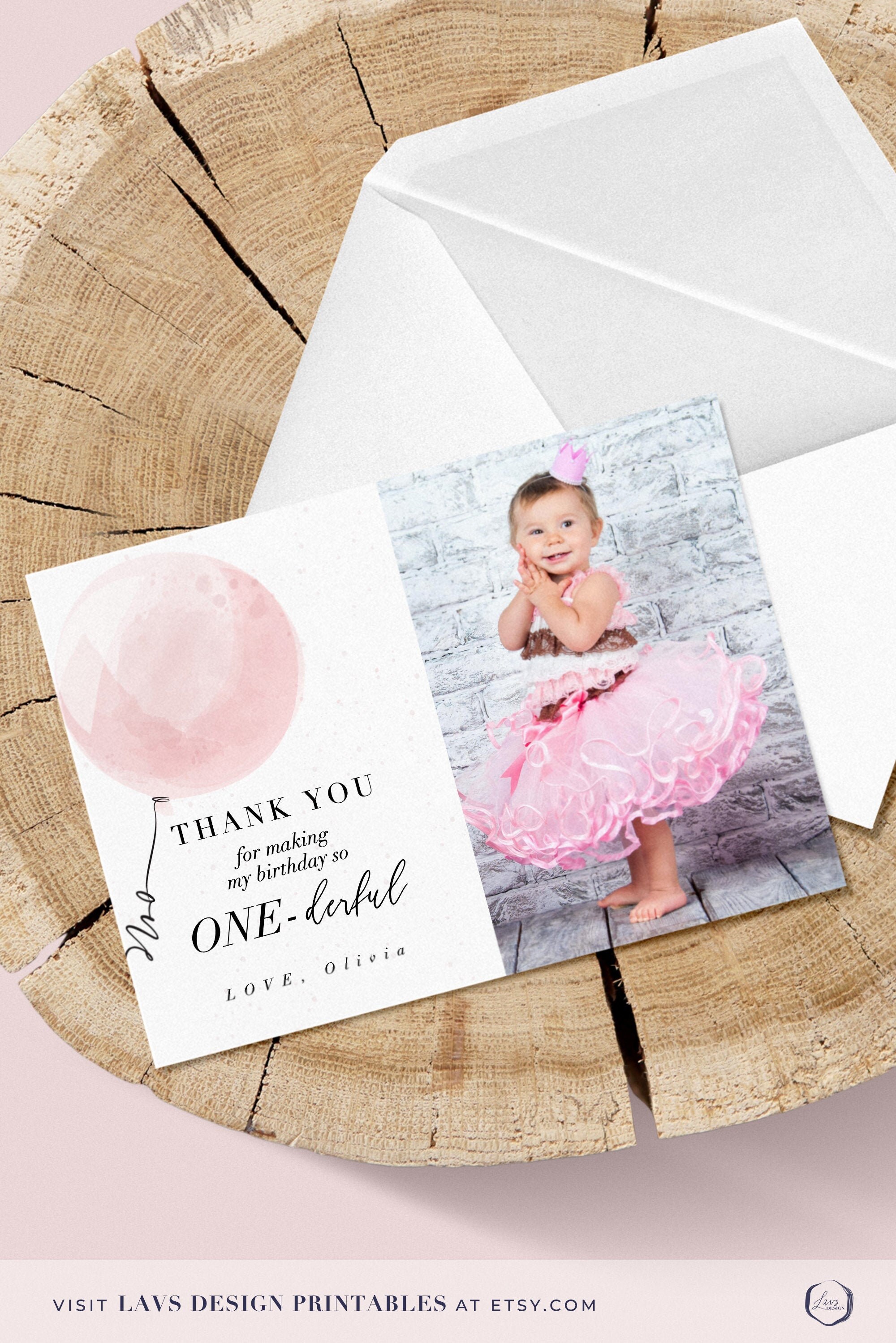 Girl 1st birthday balloon photo thank you card 1st birthday Etsy