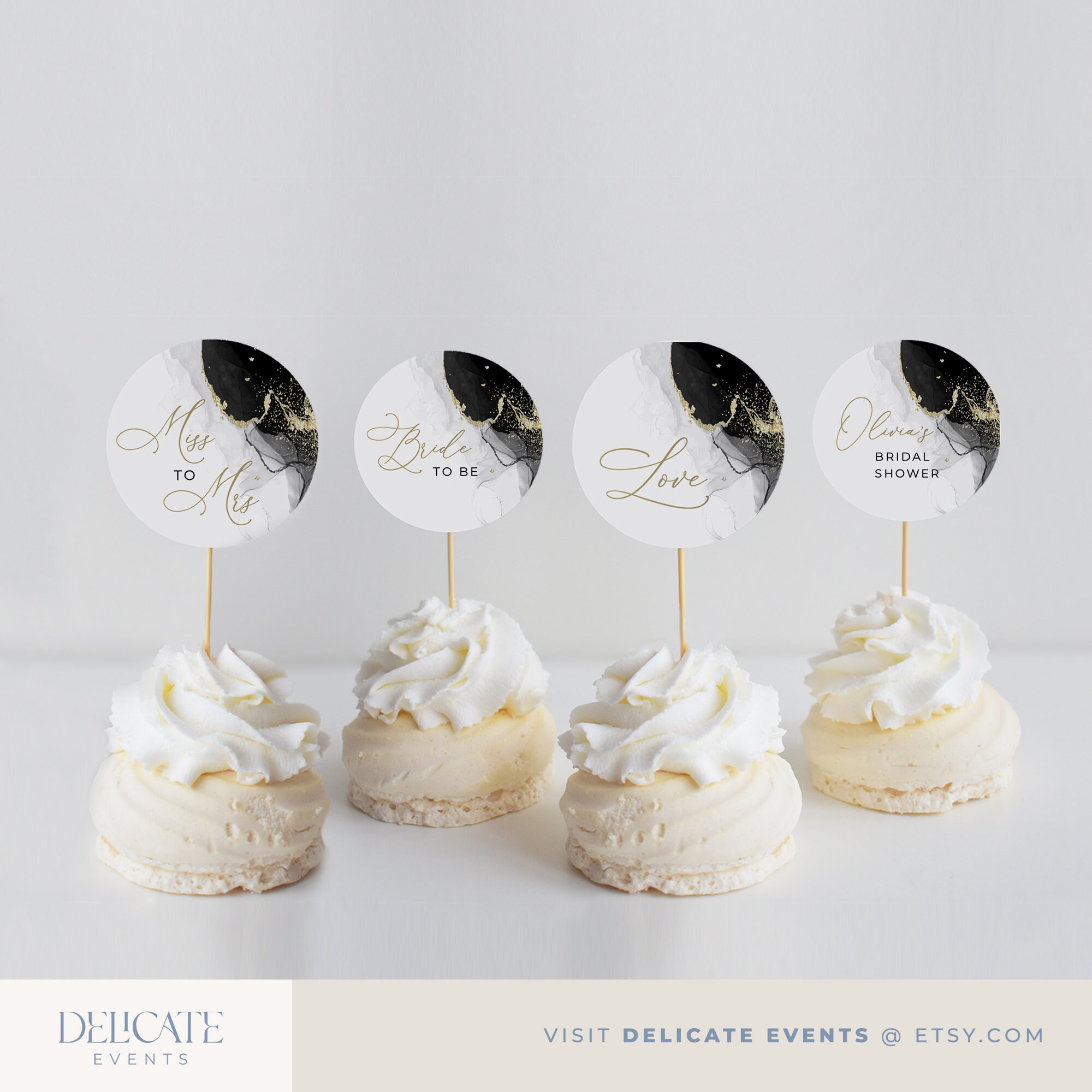 4 EDITABLE Black and Gold Bridal Shower Cupcake Toppers - Etsy