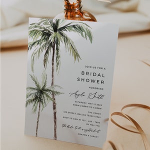 Palm tree bridal shower invitation template, Tropical minimalist bridal shower invite, Editable palm bridal shower invite #W08-4