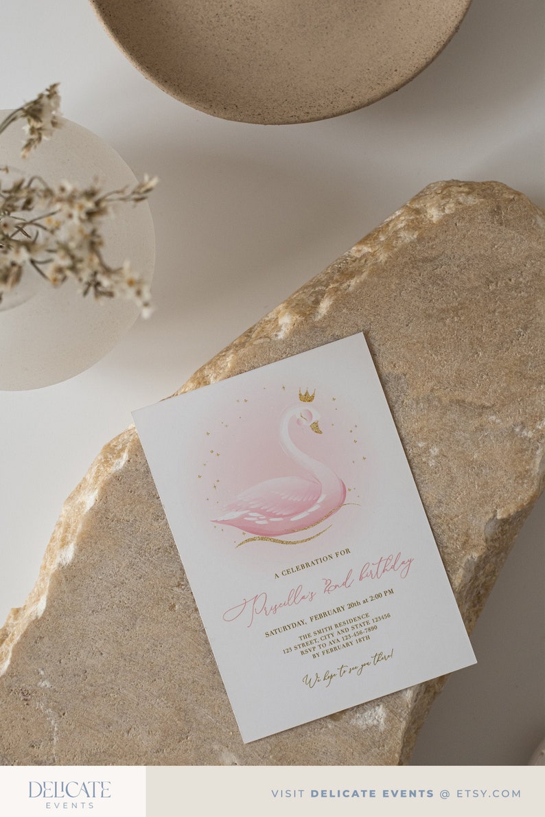 Swan birthday invitation, Girl birthday swan princess, Pink gold girls invitations, Pink birthday instant download editable template image 2