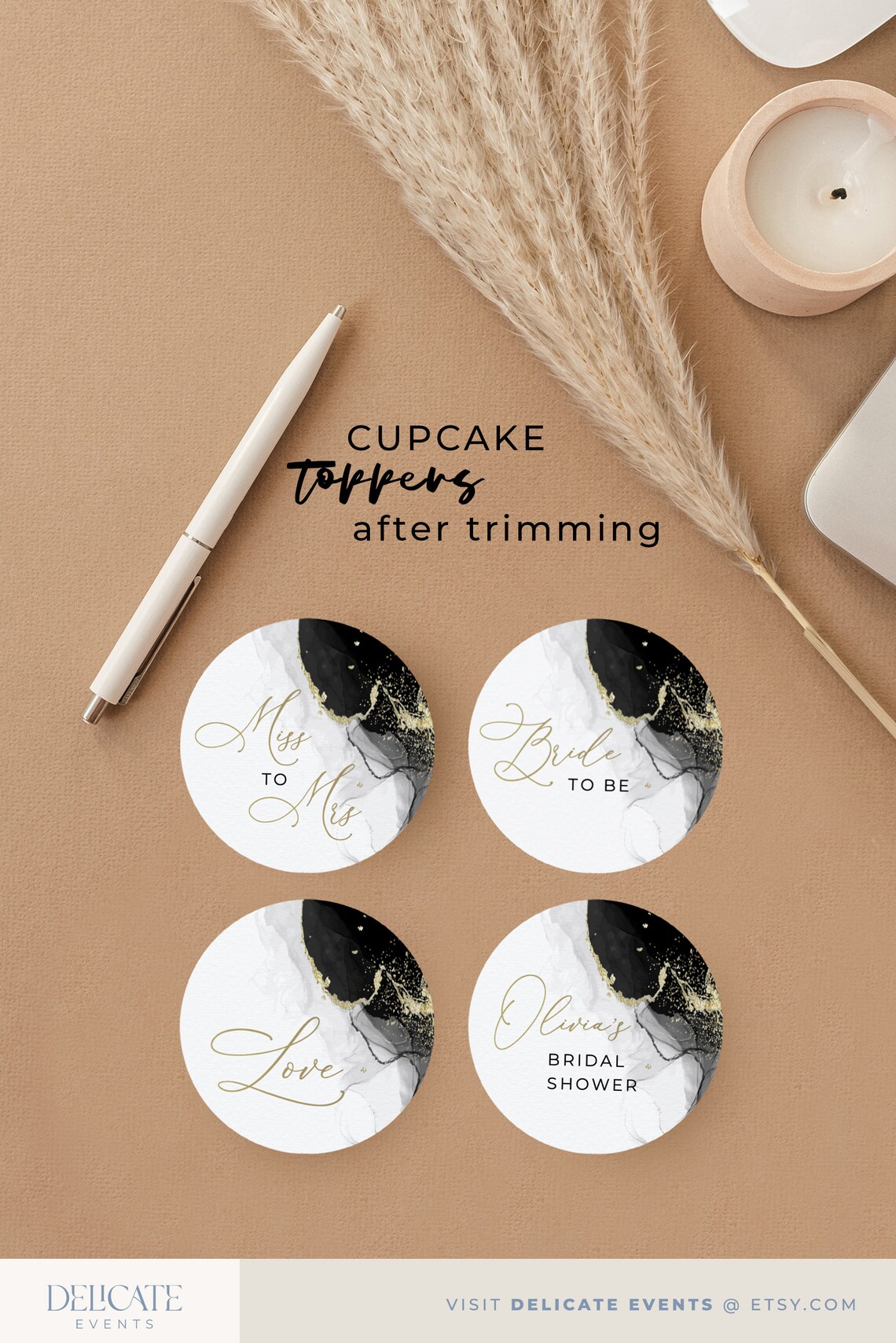 4 EDITABLE Black and Gold Bridal Shower Cupcake Toppers - Etsy