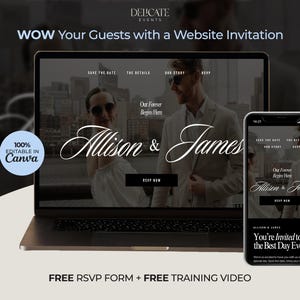 Elegante canvas bruiloft websitesjabloon, redactioneel esthetische trouwwebsite, save-the-date website, RSVP-website, digitale uitnodiging bruiloft