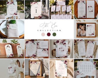 Suite de invitaciones de boda en color burdeos: Colección Eva (Descarga digital)