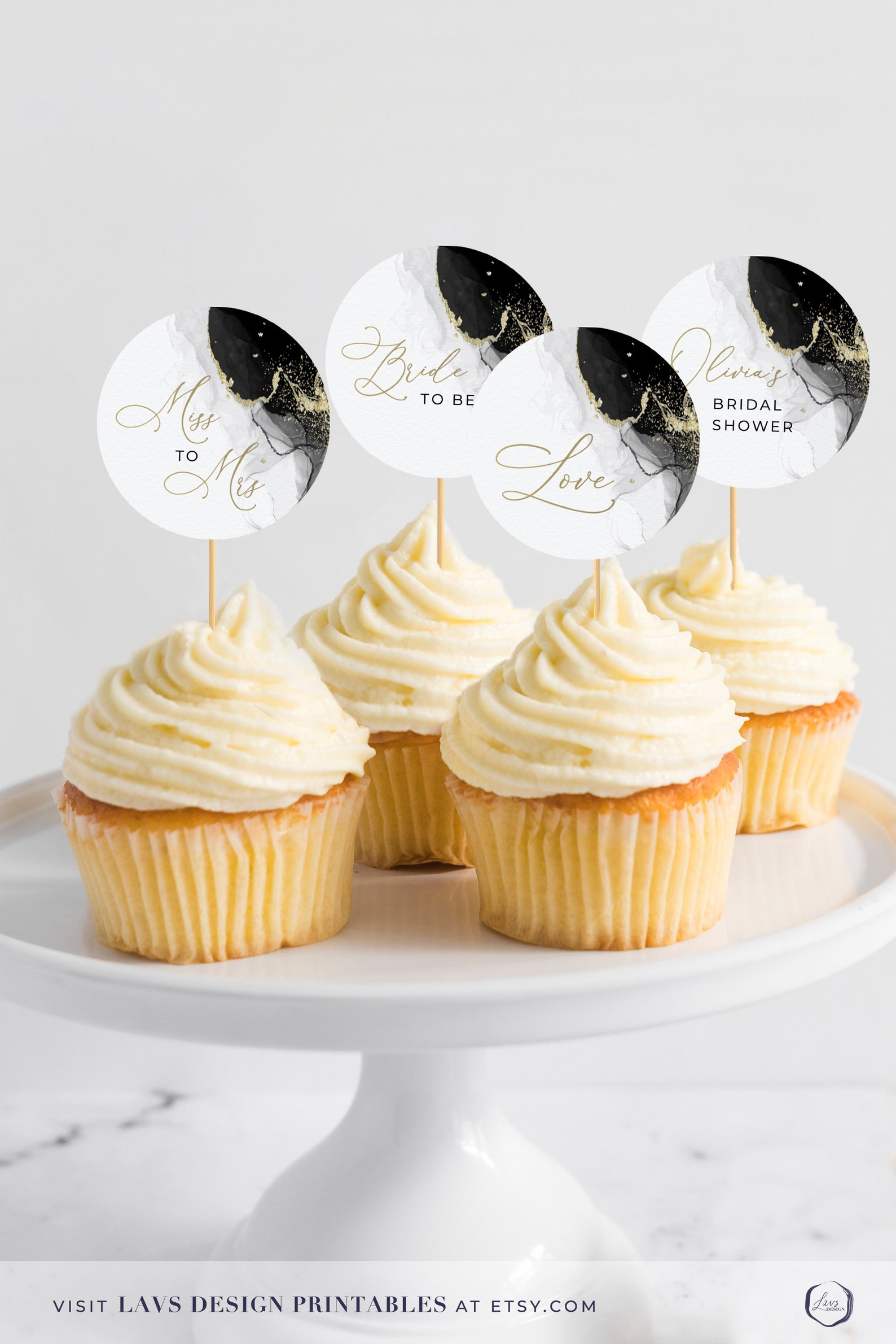 4 EDITABLE black and gold bridal shower cupcake toppers | Etsy
