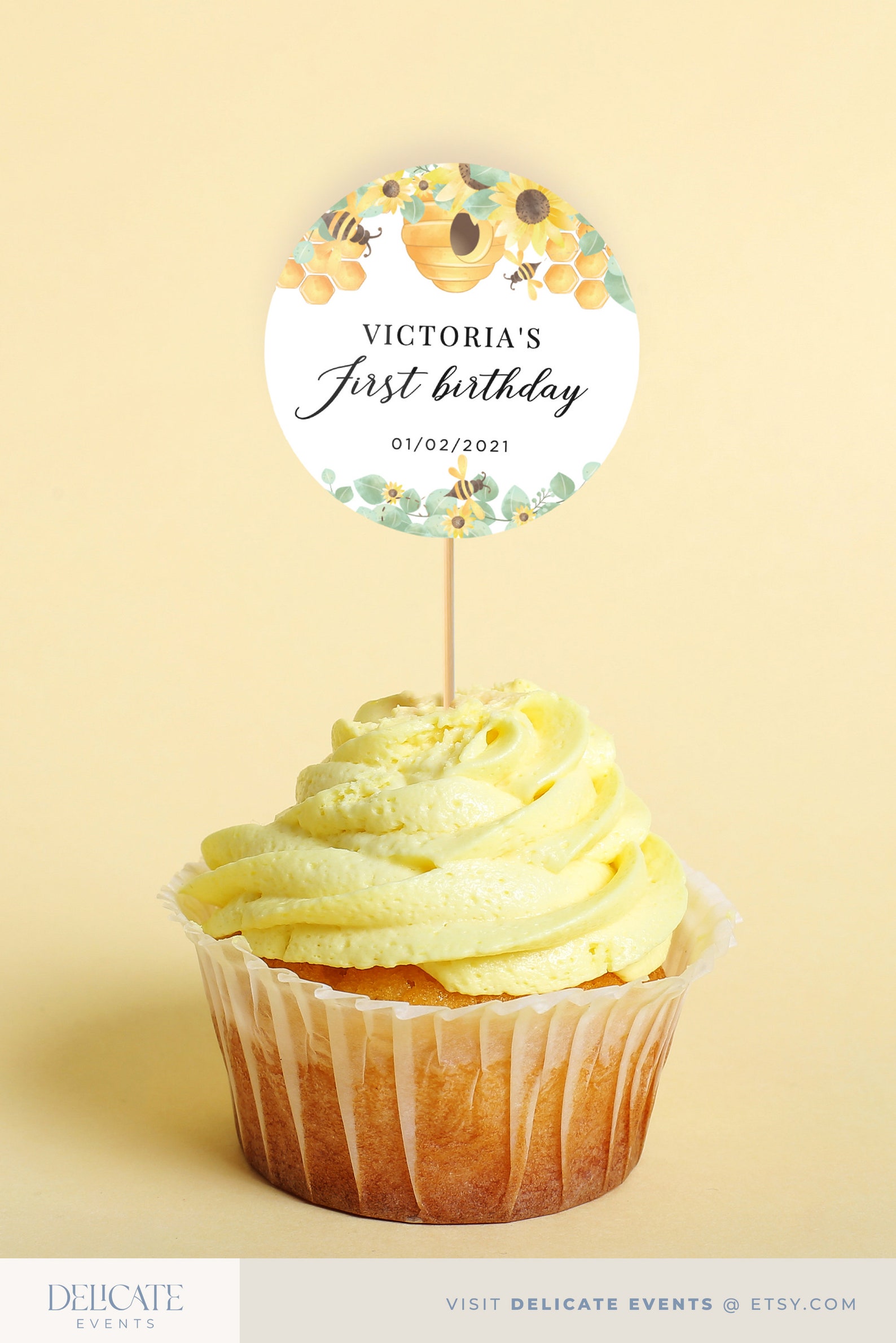 Honey First Bee Birthday Cupcake Toppers Printable Editable Etsy