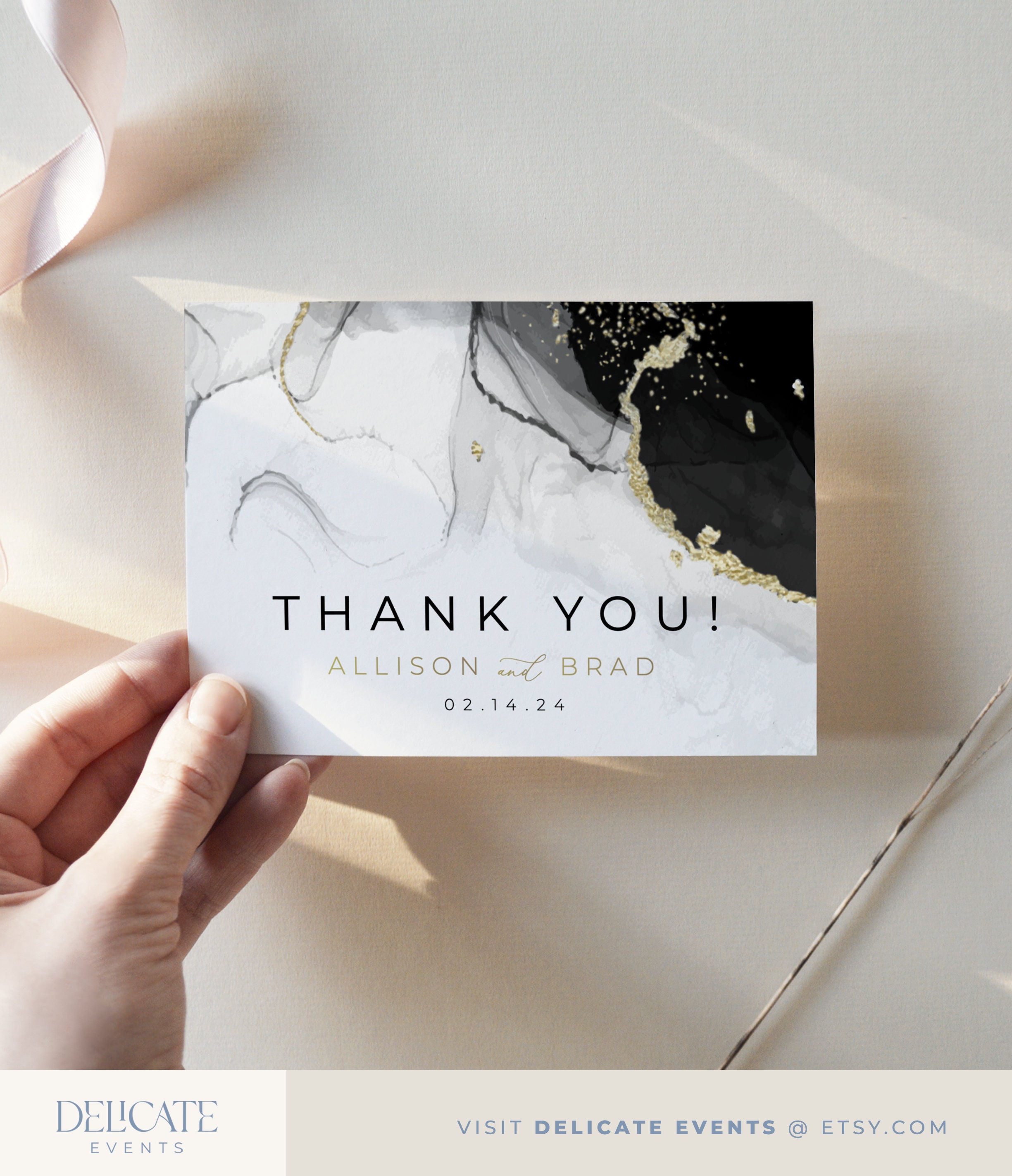 Black and Gold Wedding Thank You Card Template (editable) - Etsy