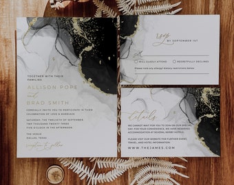 May include: Wedding invitation with black and white marble design with gold accents. The invitation includes the names Allison Pope and Brad Smith, the date Saturday, the Twelfth of September, and the time Five O'Clock in the Afternoon. The invitation also includes the venue, Dallas, Texas. The RSVP card includes the date September 1st and the option to attend or decline. The details card includes the website www.thejames.com.