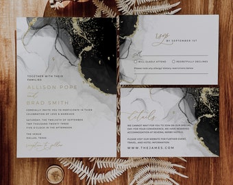 Black and gold wedding invitation template, Minimal black gold wedding invitation suite, Editable black wedding invitation set  #5321-10