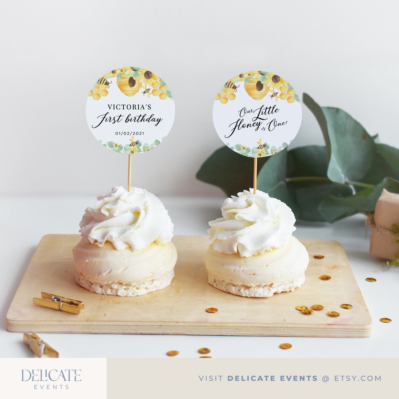 Honey First Bee Birthday Cupcake Toppers Printable Editable Etsy
