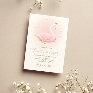 Swan birthday invitation, Girl birthday swan princess, Pink gold girls invitations, Pink birthday instant download editable template image 4