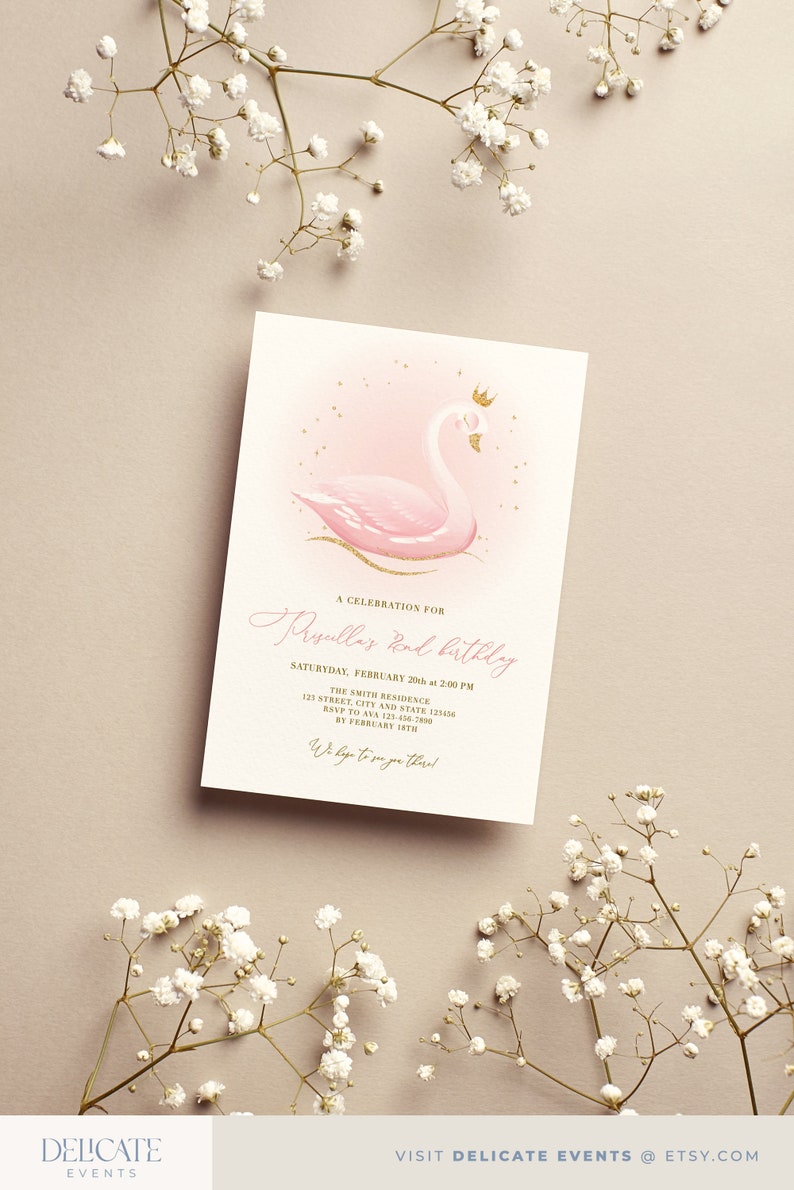 Swan birthday invitation, Girl birthday swan princess, Pink gold girls invitations, Pink birthday instant download editable template image 4