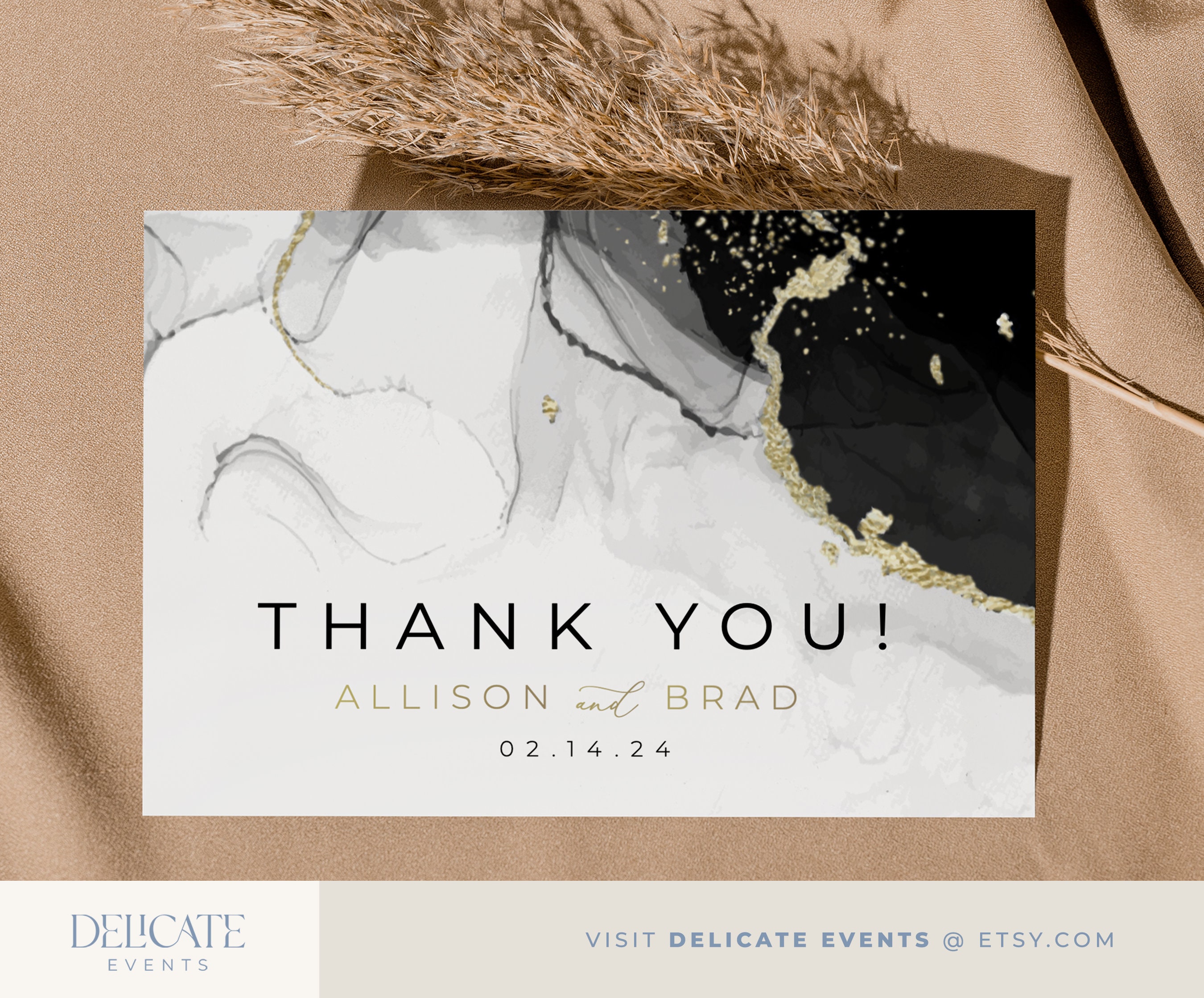 Black and Gold Wedding Thank You Card Template (editable) - Etsy