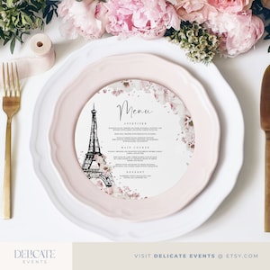 Modèle de menu rond de Paris, menu de cercle de Paris imprimable, menu de douche nuptiale modifiable avec cartes de placement 2 styles de menu long et cercle #0221-9
