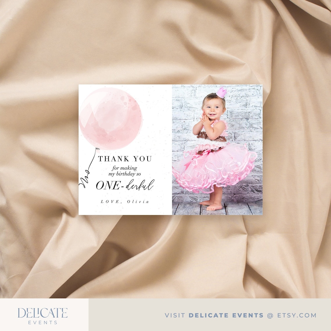 Girl 1st Birthday Balloon Photo Thank You Card 1st Birthday Etsy