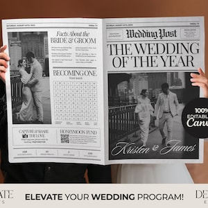 Peut inclure: Un modèle de programme de mariage de style journal en noir et blanc avec le texte "Le mariage de l'année" et "Kristen & James". Le modèle est 100% modifiable dans Canva.