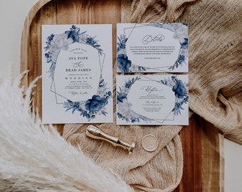 Silver dusty blue wedding invitation set, Silver blue printable geometric wedding invite kit, DIY dusty blue wedding invite #S1221-5