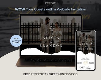 Op de afbeelding: Een laptop en smartphone tonen een ontwerp voor een huwelijksuitnodiging. De uitnodiging toont een stel, de namen "Alicia & Brandon" en de tekst "Wow Your Guests with a Website Invitation". Het ontwerp is 100% bewerkbaar in Canva.