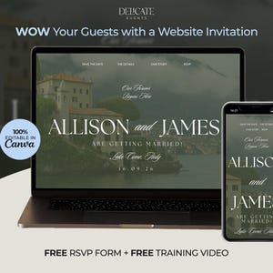 Może przedstawiać: Laptop i smartfon wyświetlają zaproszenie na stronę ślubną. Zaproszenie zawiera imiona "Allison i James" z tekstem "Biorą ślub! Jezioro Como, Włochy 16.09.26." Projekt jest edytowalny w Canva.