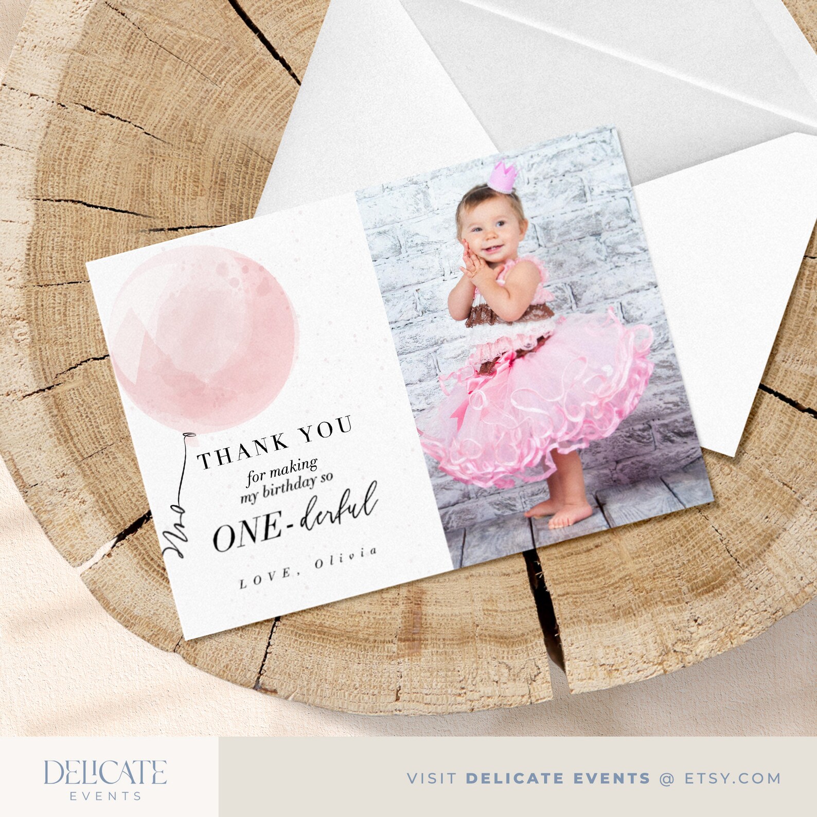 Girl 1st Birthday Balloon Photo Thank You Card 1st Birthday Etsy