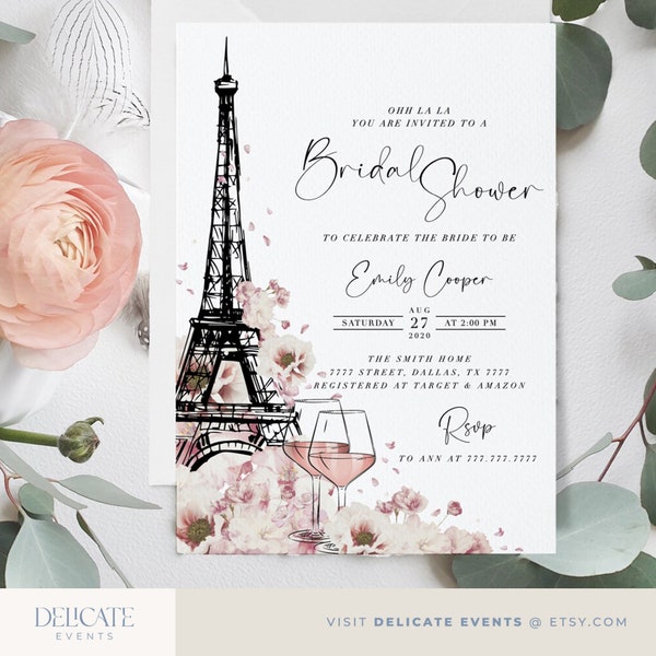 Paris bridal shower invitation instant download, French theme printable shower invitation, Wine theme brunch and bubbly invite #0221-2